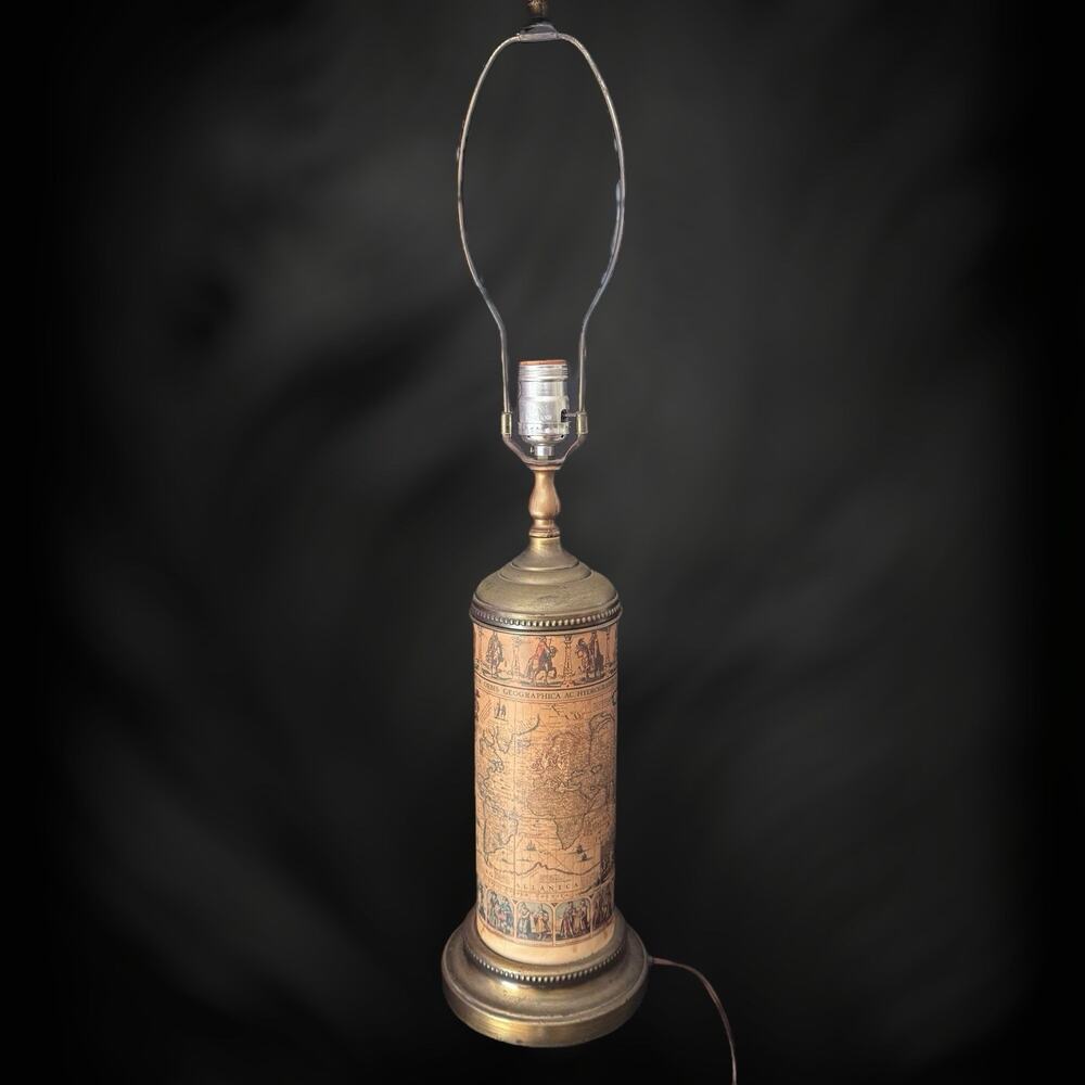 Vintage Brass Table Lamp Wrapped With Old World Map Paper, 28” Tall Latin